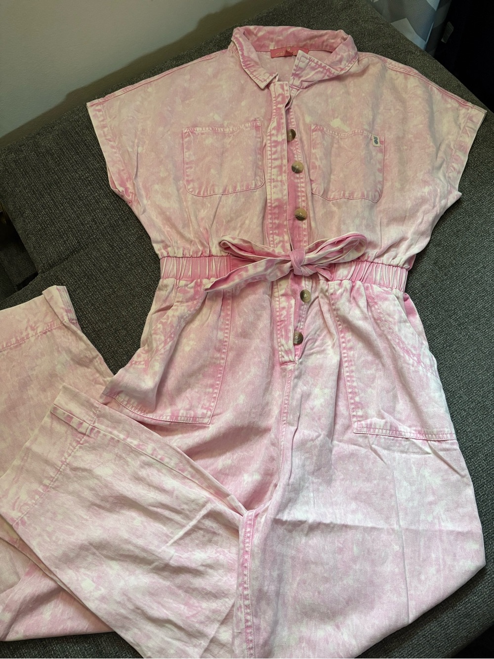 Simply Southern Faded Pink Button-Front Tie-Waist Jumpsuit